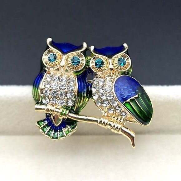 Yellow Gold with Aquamarine and Diamond Crystal Enamel Owl Pin Back Brooch - Picture 3 of 7
